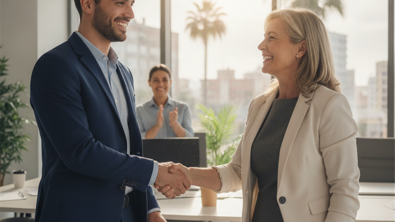 Profesional recibiendo oferta de trabajo en oficina en España 2026