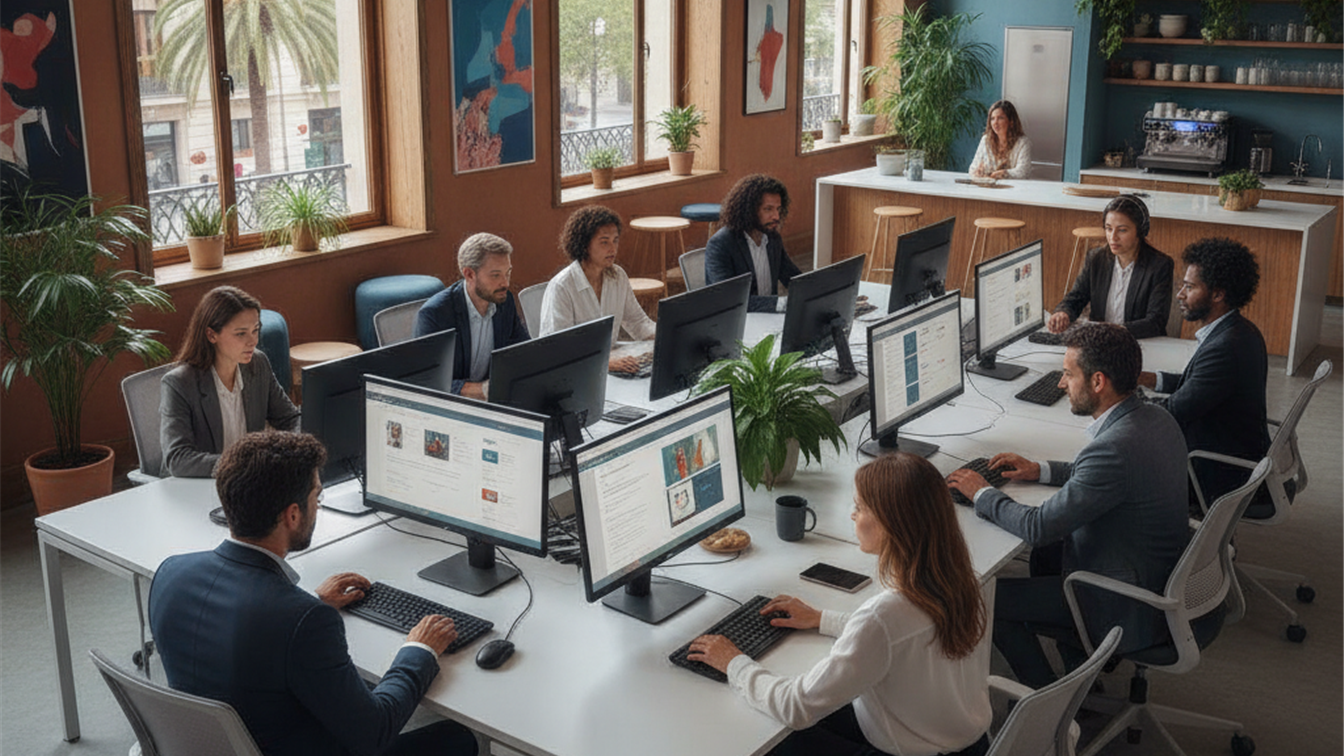 profesionales trabajando en oficina moderna en España buscando trabajo