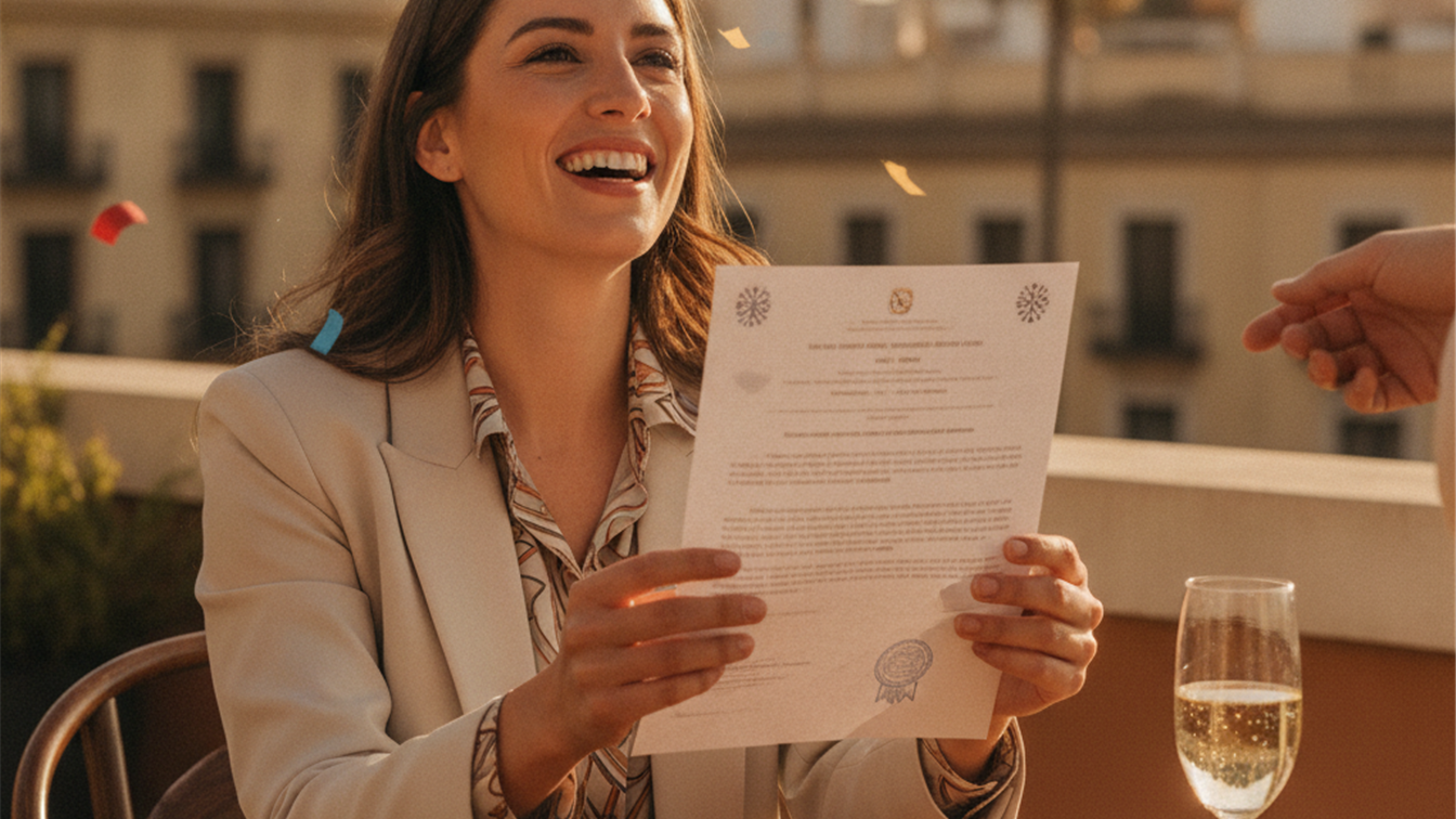 profesional feliz recibiendo oferta de trabajo en España éxito