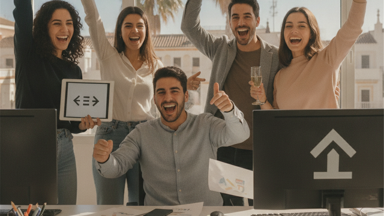 Equipo de profesionales celebrando nuevo trabajo en España