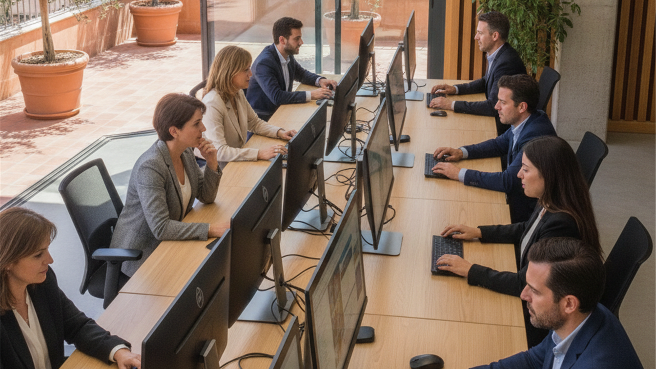 Profesionales buscando empleo en oficina moderna en España