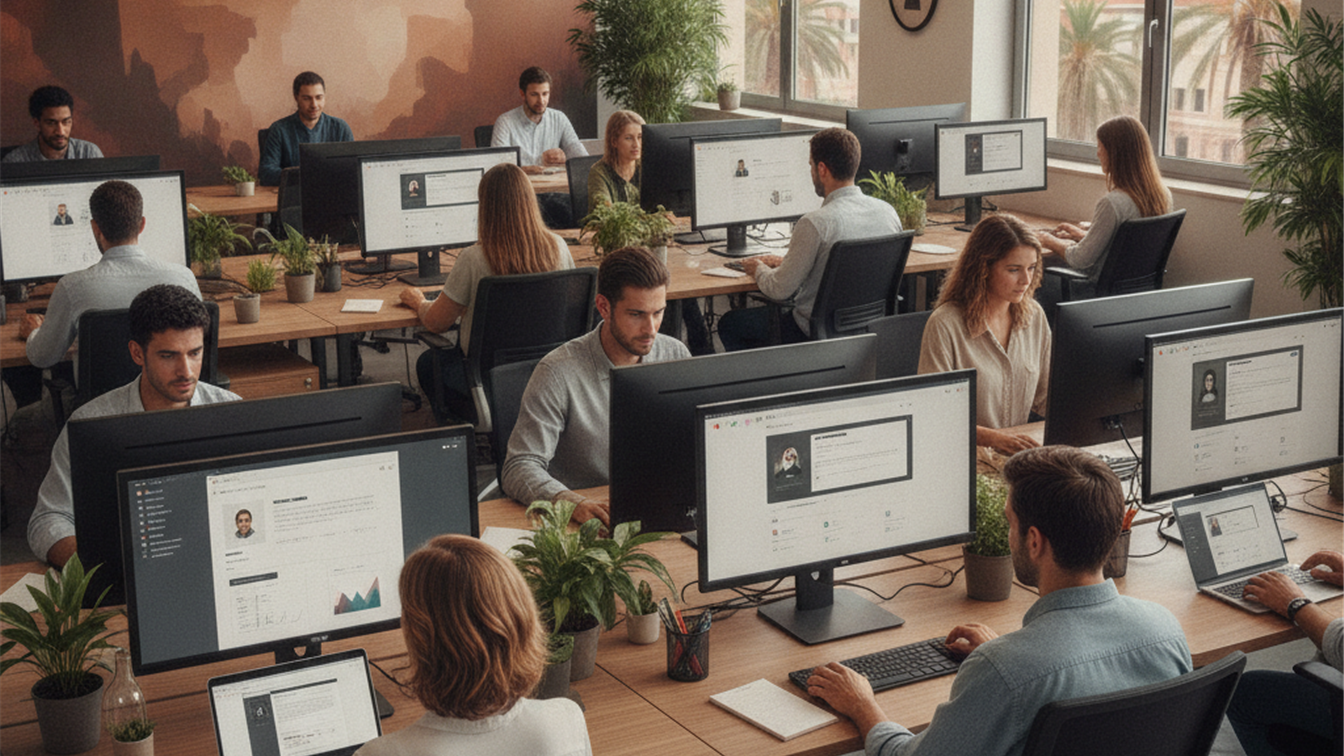 Profesionales trabajando en oficina moderna en Espana buscando empleo
