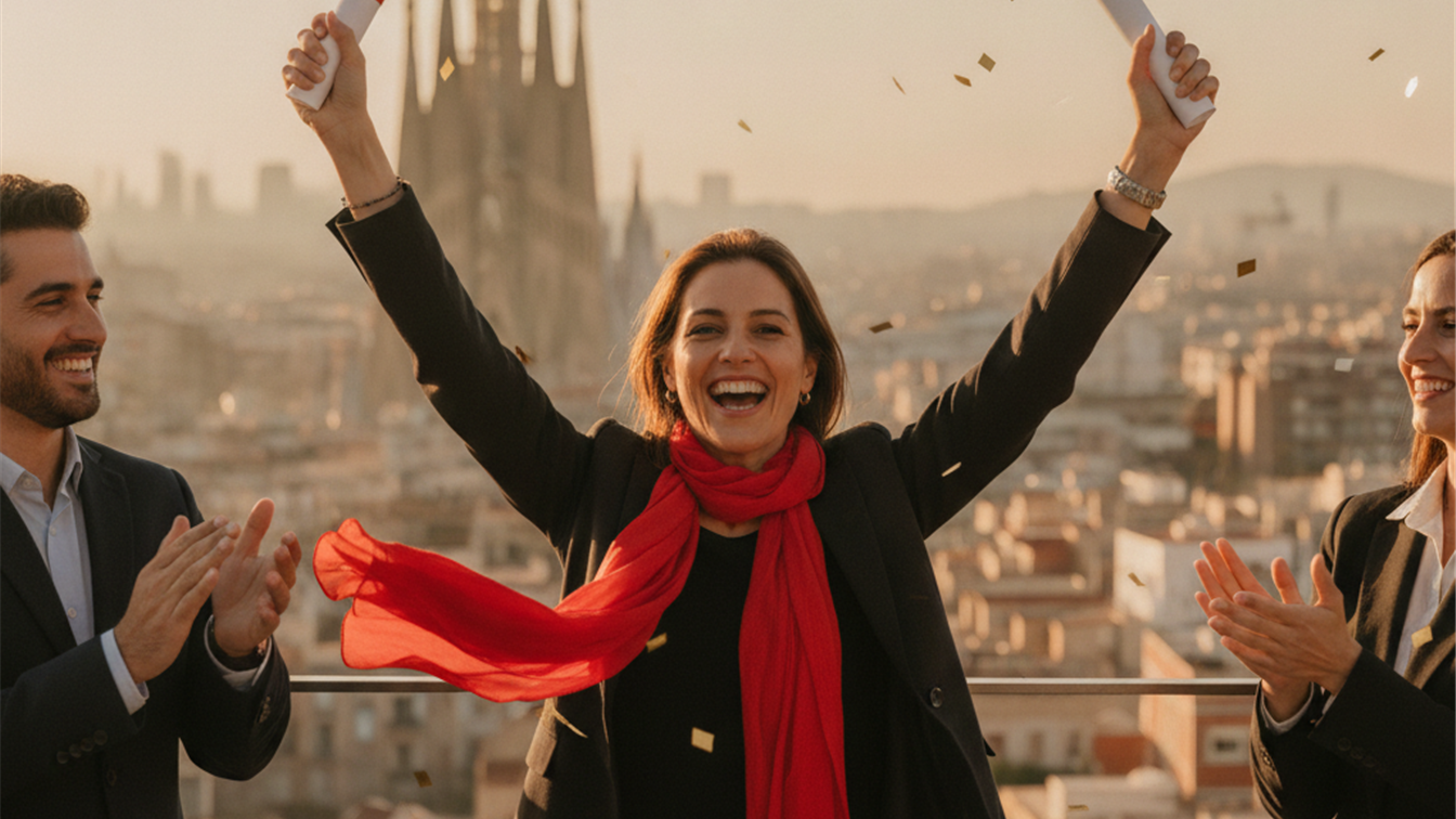 Profesional feliz recibiendo oferta de trabajo en Espana