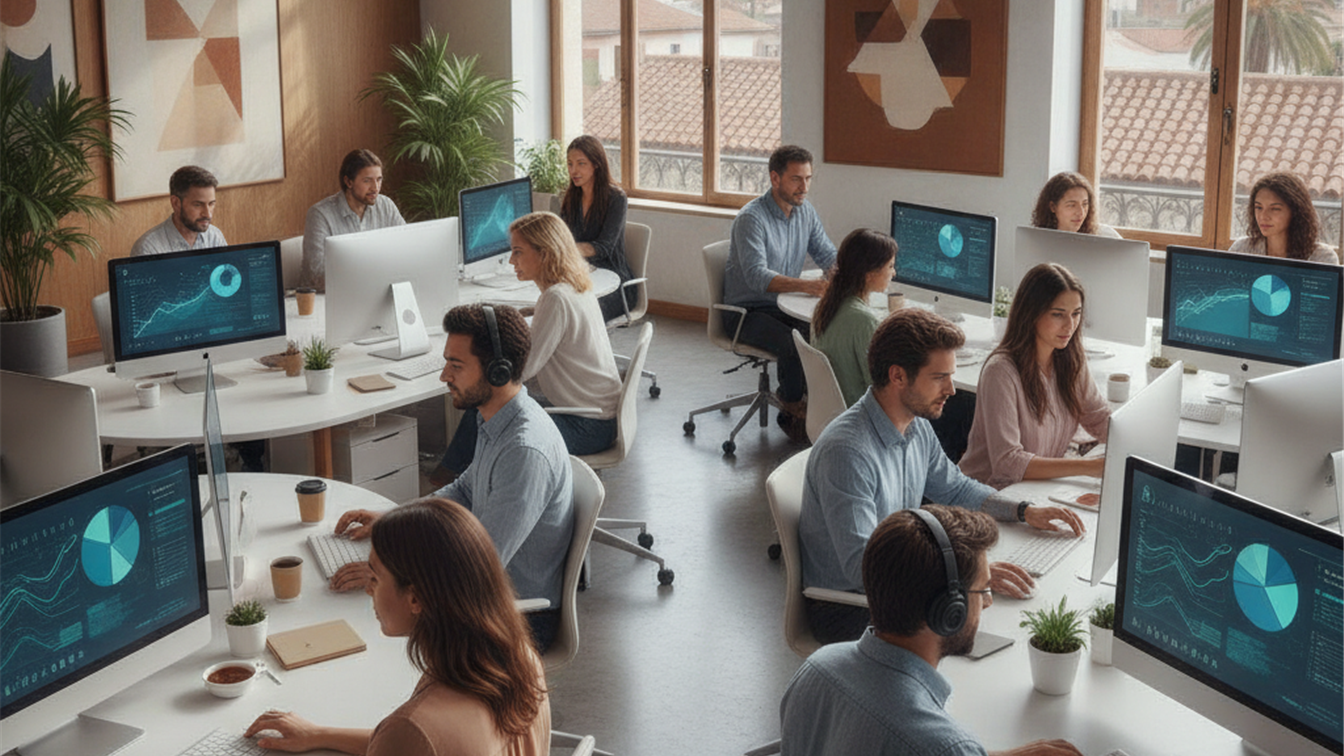Profesionales buscando empleo en oficina moderna España