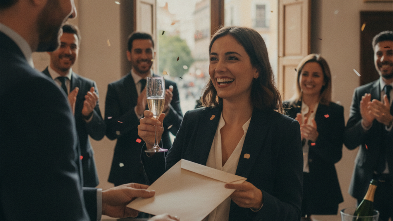 Profesional feliz recibiendo oferta de trabajo en España