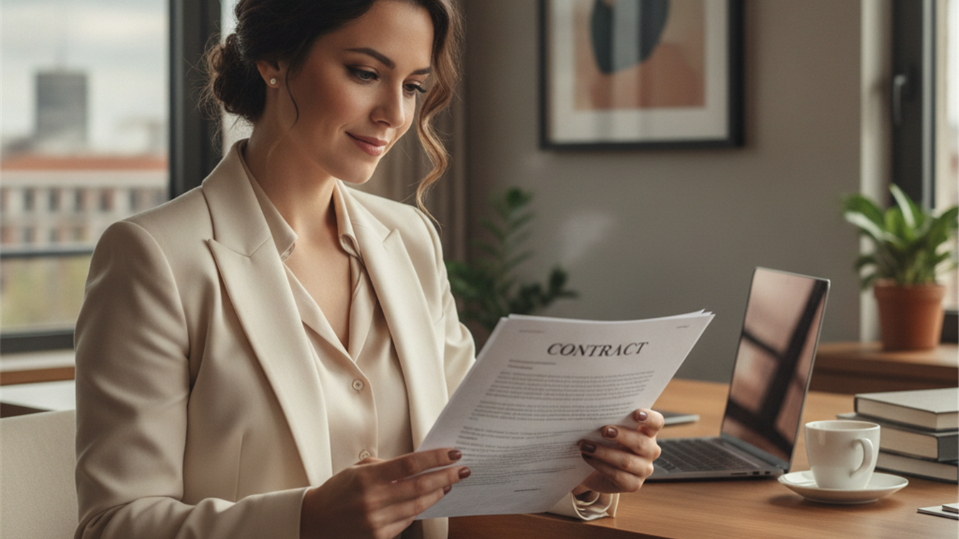 Profesional española revisando contrato de trabajo