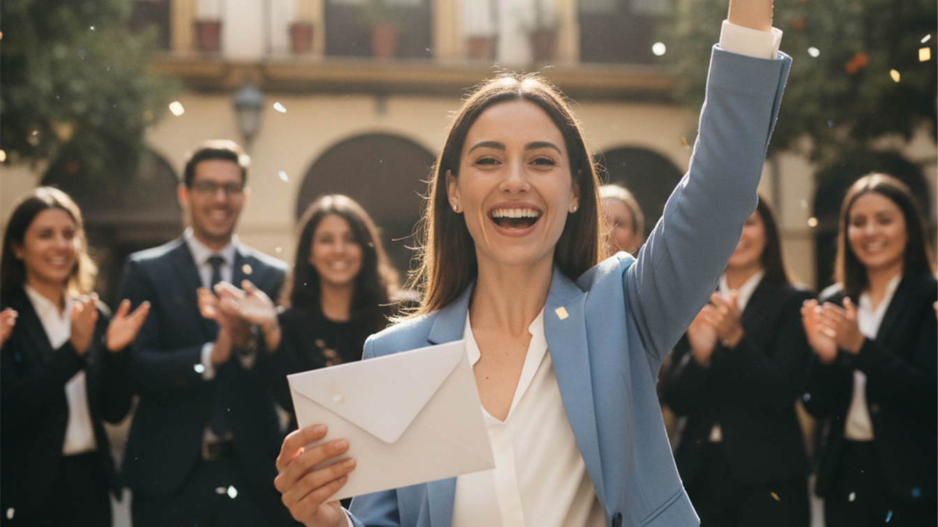 Profesional recibiendo oferta de trabajo en España celebrando éxito laboral